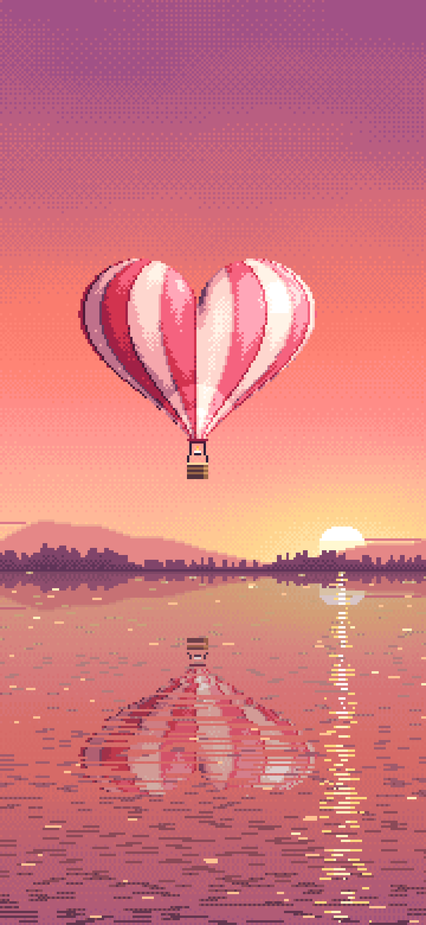 Coral Pixel Art Heart Hot Air Balloon Over a Lake at Sunset wallpaper for iPhone and Android