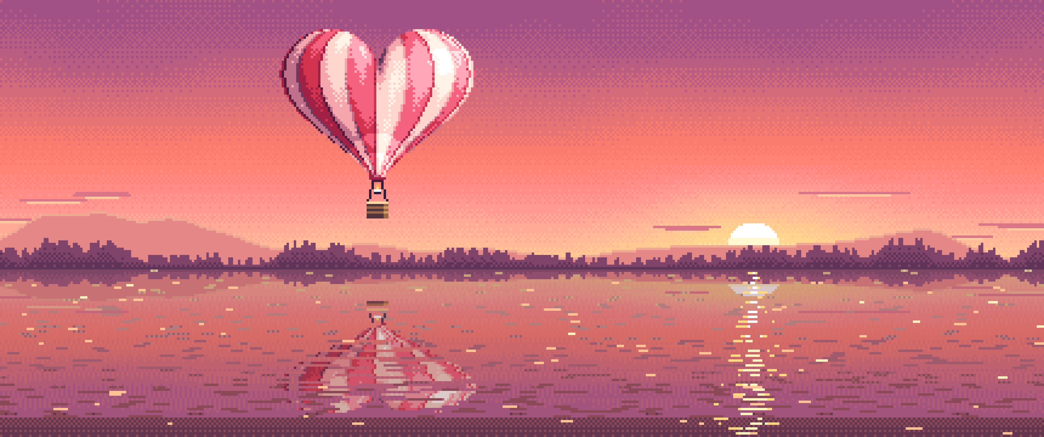 Coral Pixel Art Heart Hot Air Balloon Over a Lake at Sunset ultrawide wallpaper, 3440 × 1440