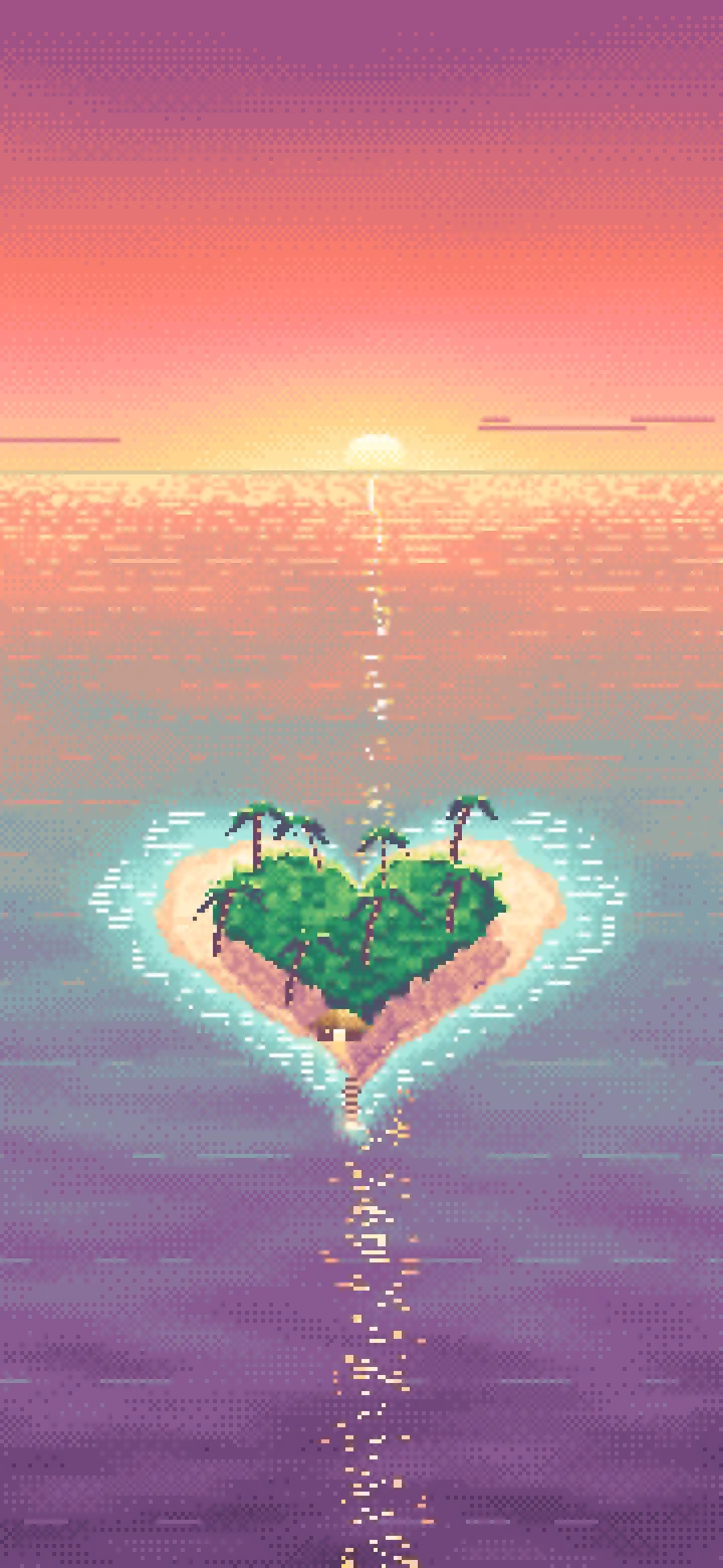 Coral Pixel Art Heart Island at Sunset wallpaper for iPhone and Android