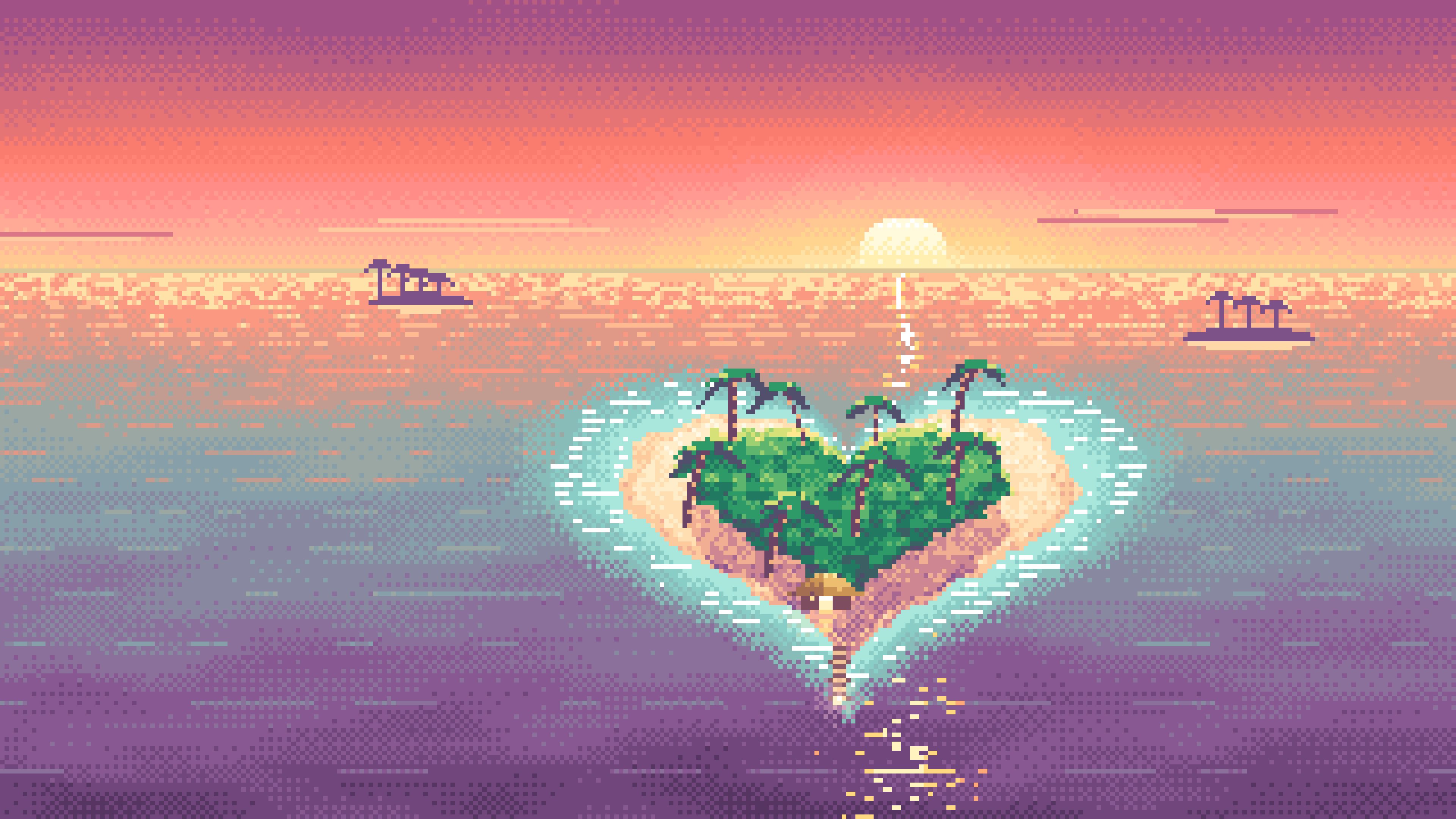 Coral Pixel Art Heart Island at Sunset desktop wallpaper in 4K