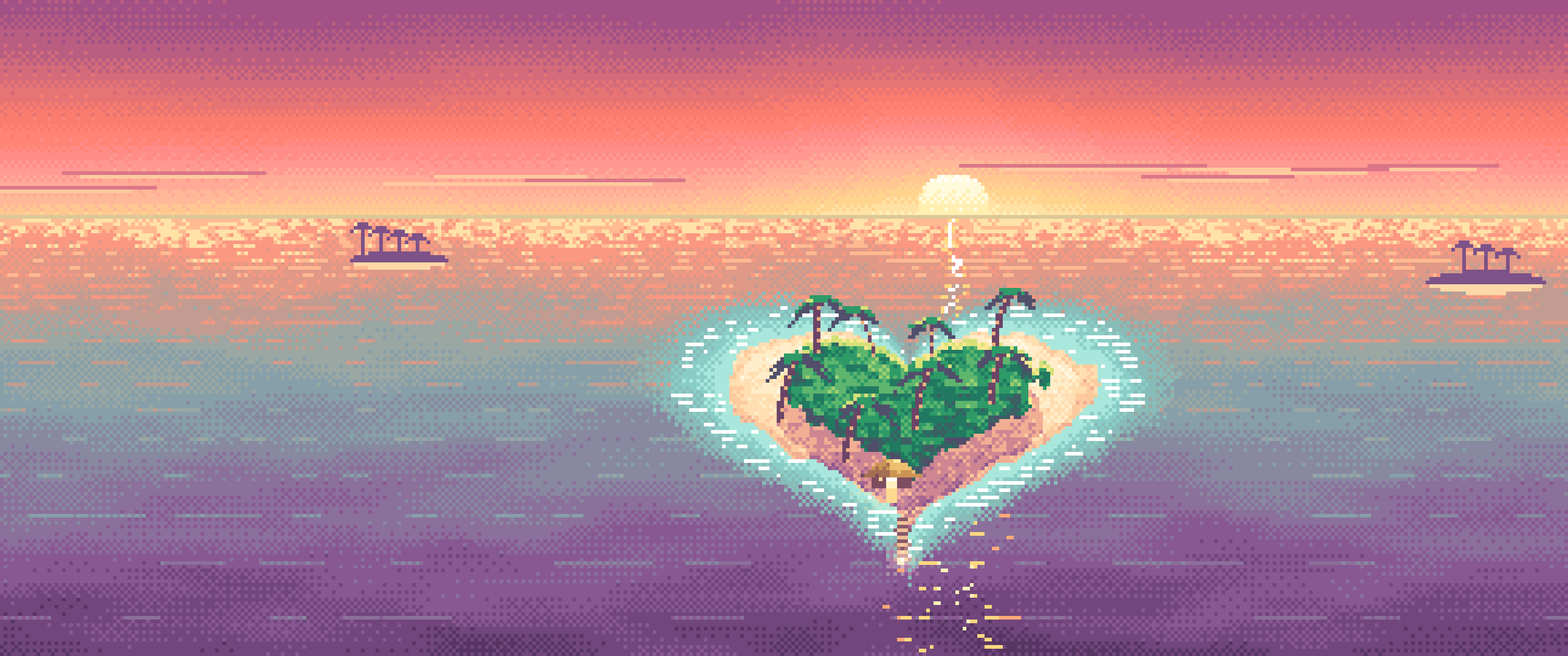 Coral Pixel Art Heart Island at Sunset ultrawide wallpaper, 3440 × 1440