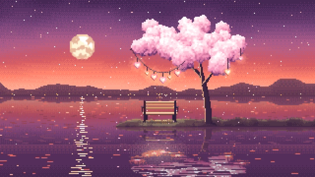 Coral Pixel Art Heart Lanterns in a Blossom Tree by a Lake desktop wallpaper in 4K