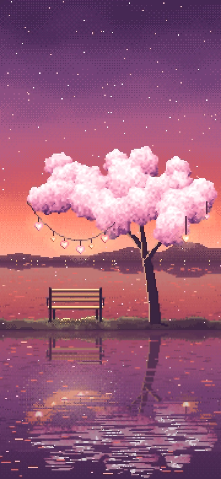 Coral Pixel Art Heart Lanterns in a Blossom Tree by a Lake wallpaper for iPhone and Android