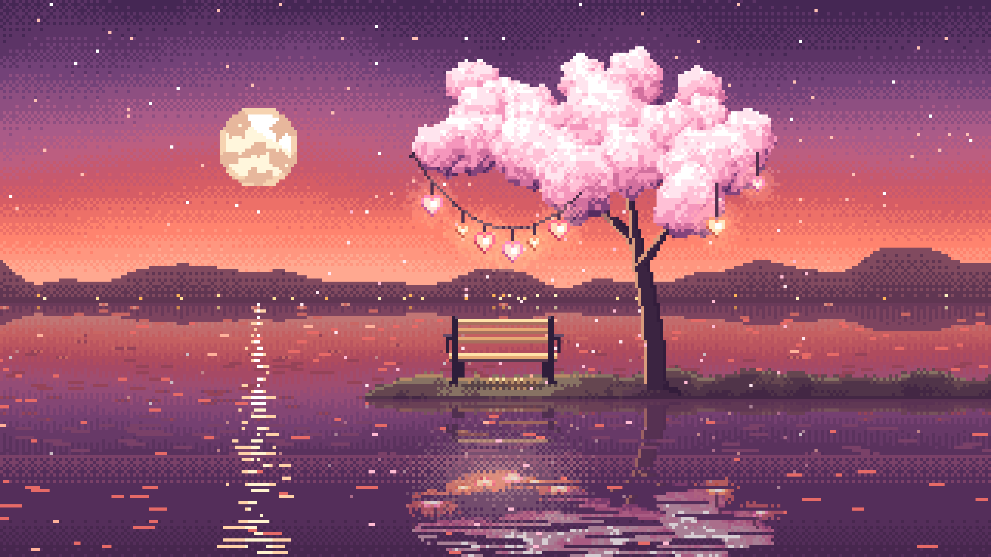 Coral Pixel Art Heart Lanterns in a Blossom Tree by a Lake desktop wallpaper in 4K