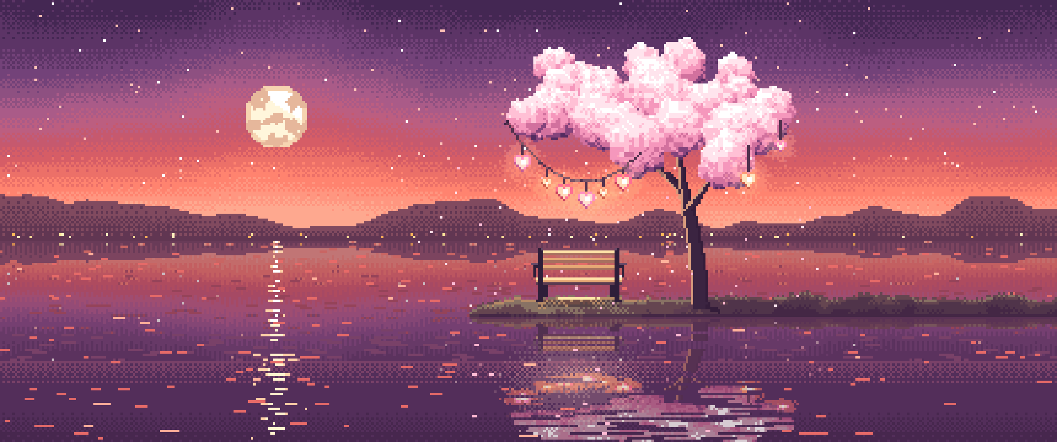 Coral Pixel Art Heart Lanterns in a Blossom Tree by a Lake ultrawide wallpaper, 3440 × 1440
