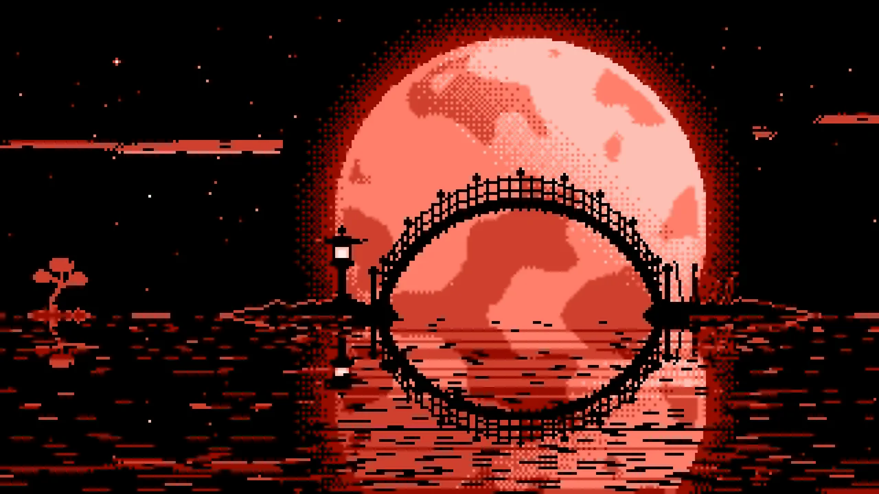 Coral Pixel Art Japanese Bridge and Full Moon desktop wallpaper in 4K