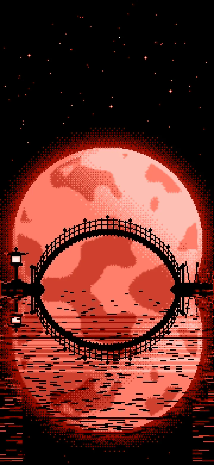 Coral Pixel Art Japanese Bridge and Full Moon wallpaper for iPhone and Android