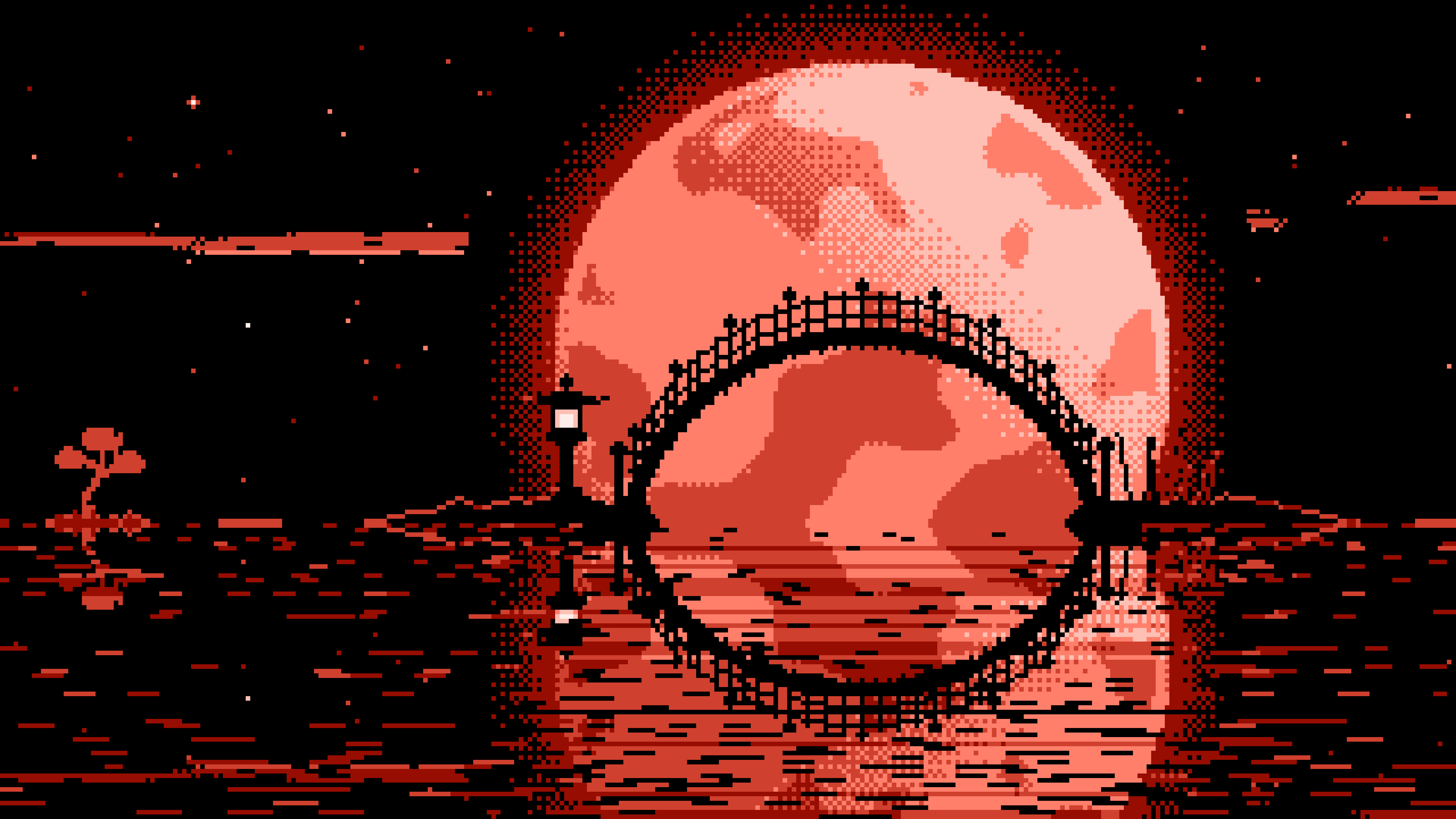 Coral Pixel Art Japanese Bridge and Full Moon desktop wallpaper in 4K