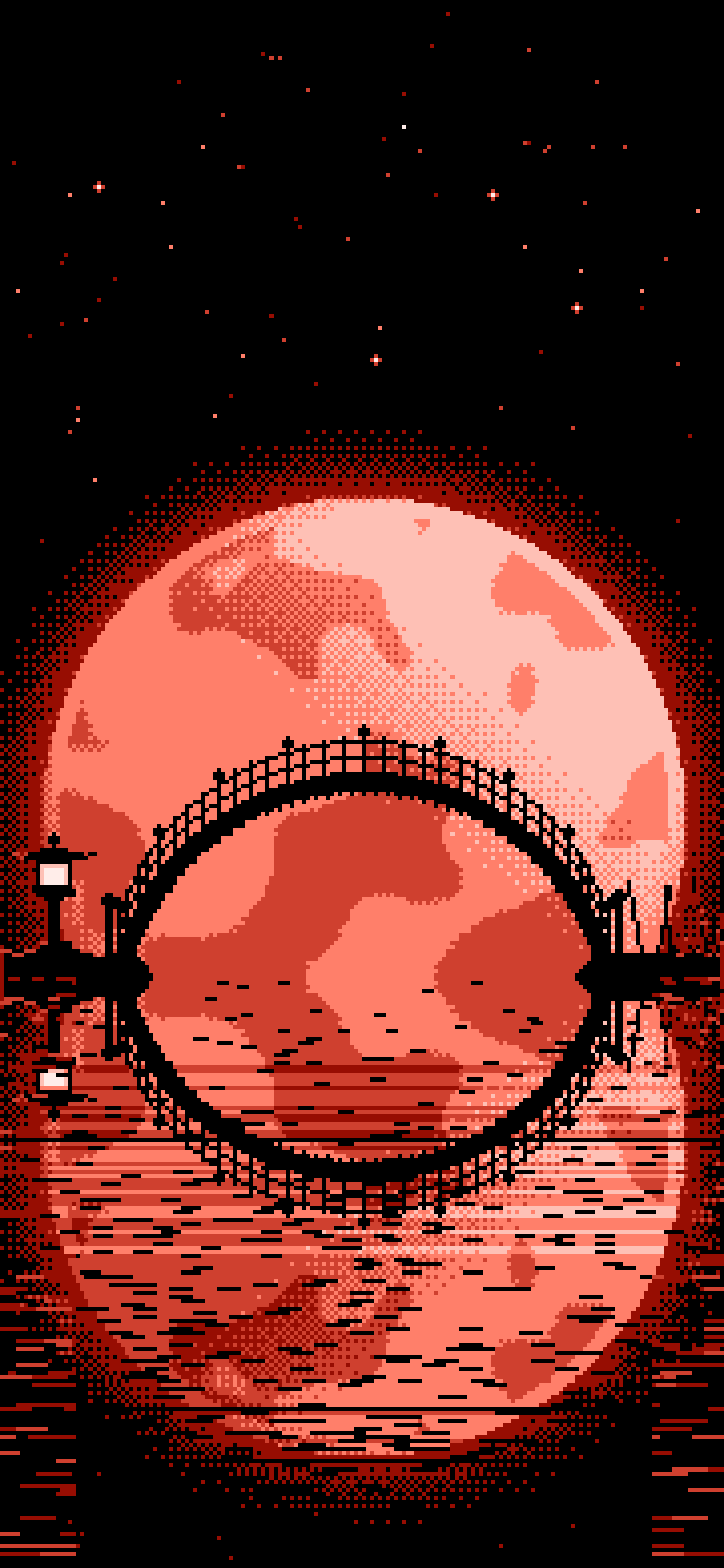 Coral Pixel Art Japanese Bridge and Full Moon wallpaper for iPhone and Android