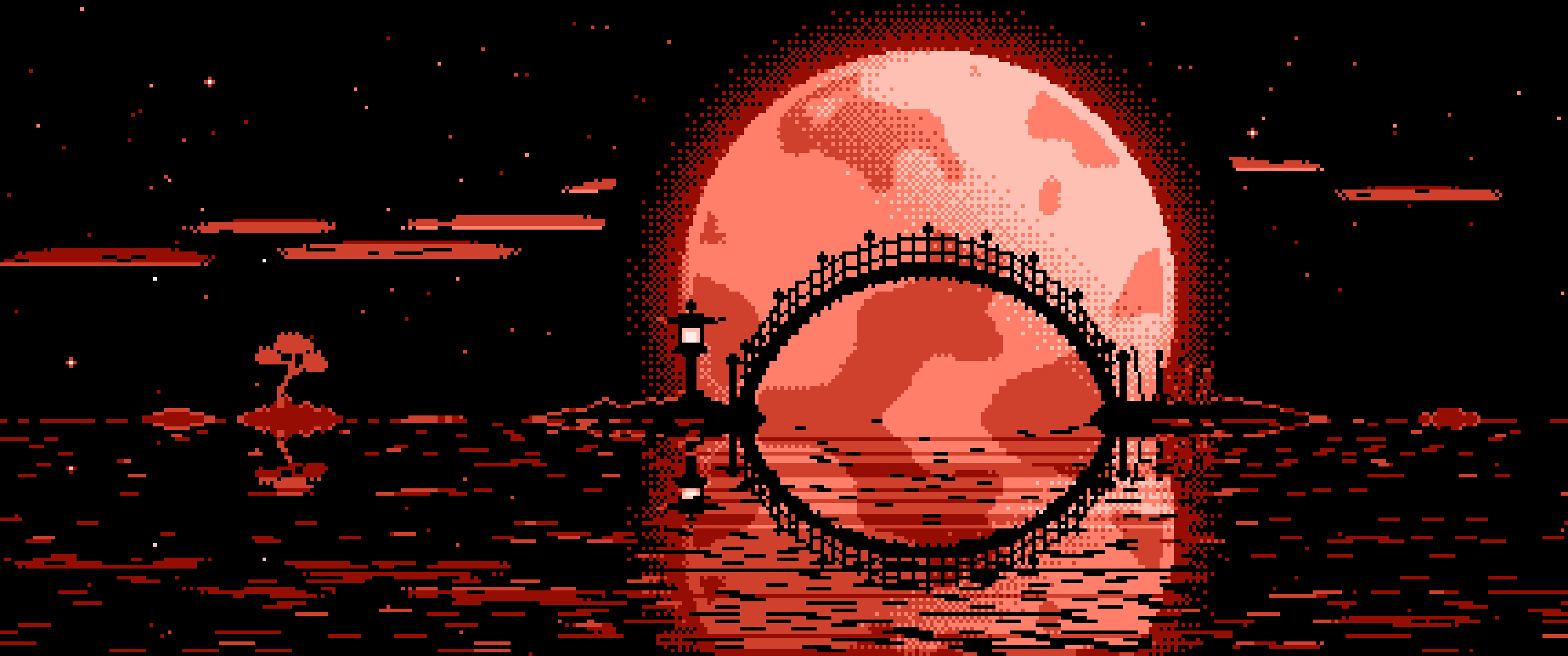 Coral Pixel Art Japanese Bridge and Full Moon ultrawide wallpaper, 3440 × 1440