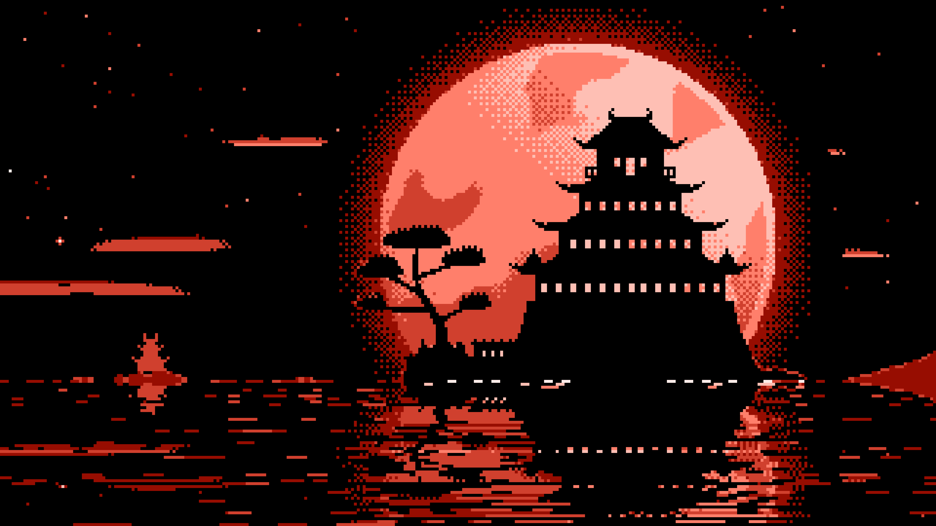 Coral Pixel Art Japanese Castle and Full Moon desktop wallpaper in 4K