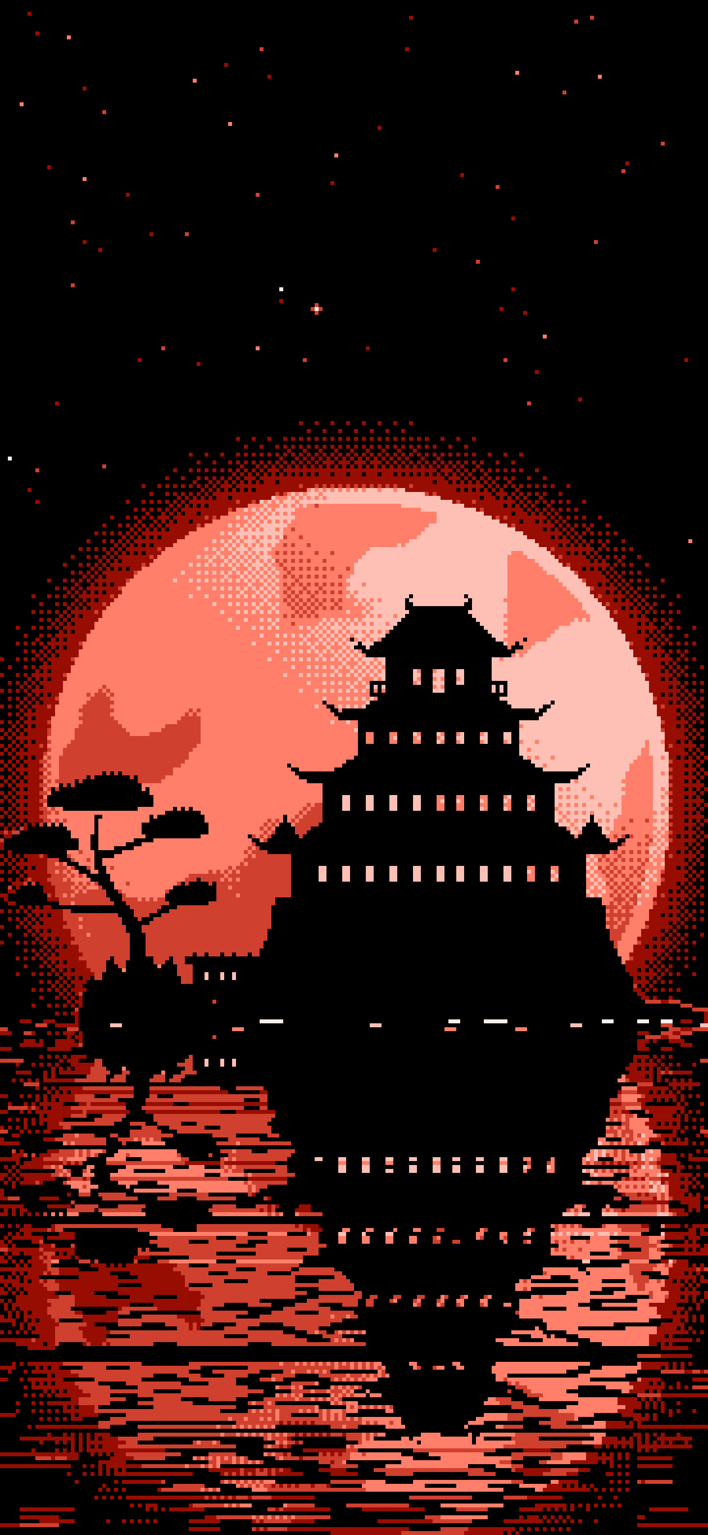 Coral Pixel Art Japanese Castle and Full Moon wallpaper for iPhone and Android