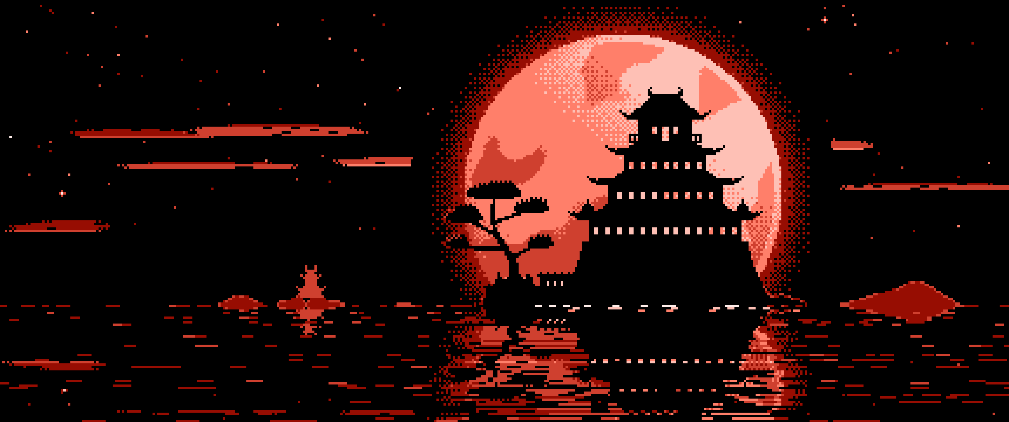Coral Pixel Art Japanese Castle and Full Moon ultrawide wallpaper, 3440 × 1440