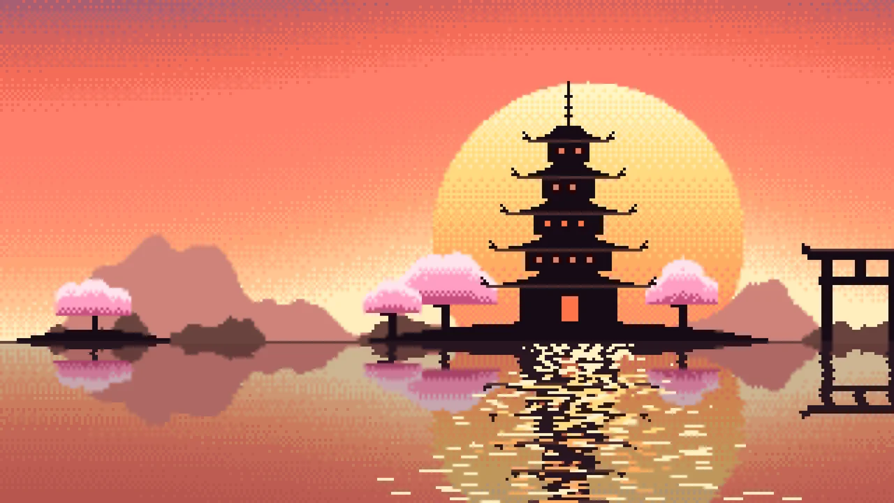 Coral Pixel Art Japanese Temple desktop wallpaper in 4K