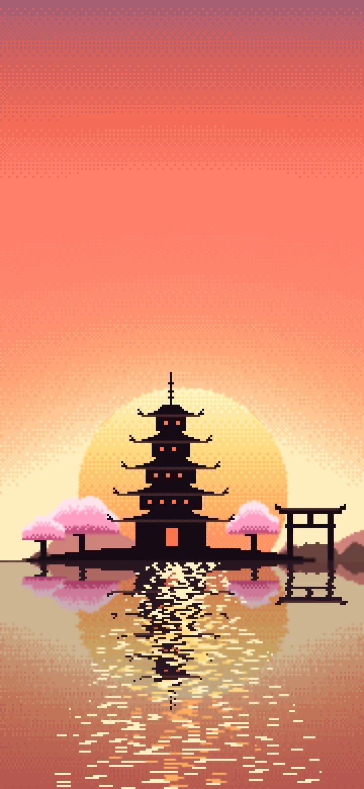 Coral Pixel Art Japanese Temple wallpaper for iPhone and Android