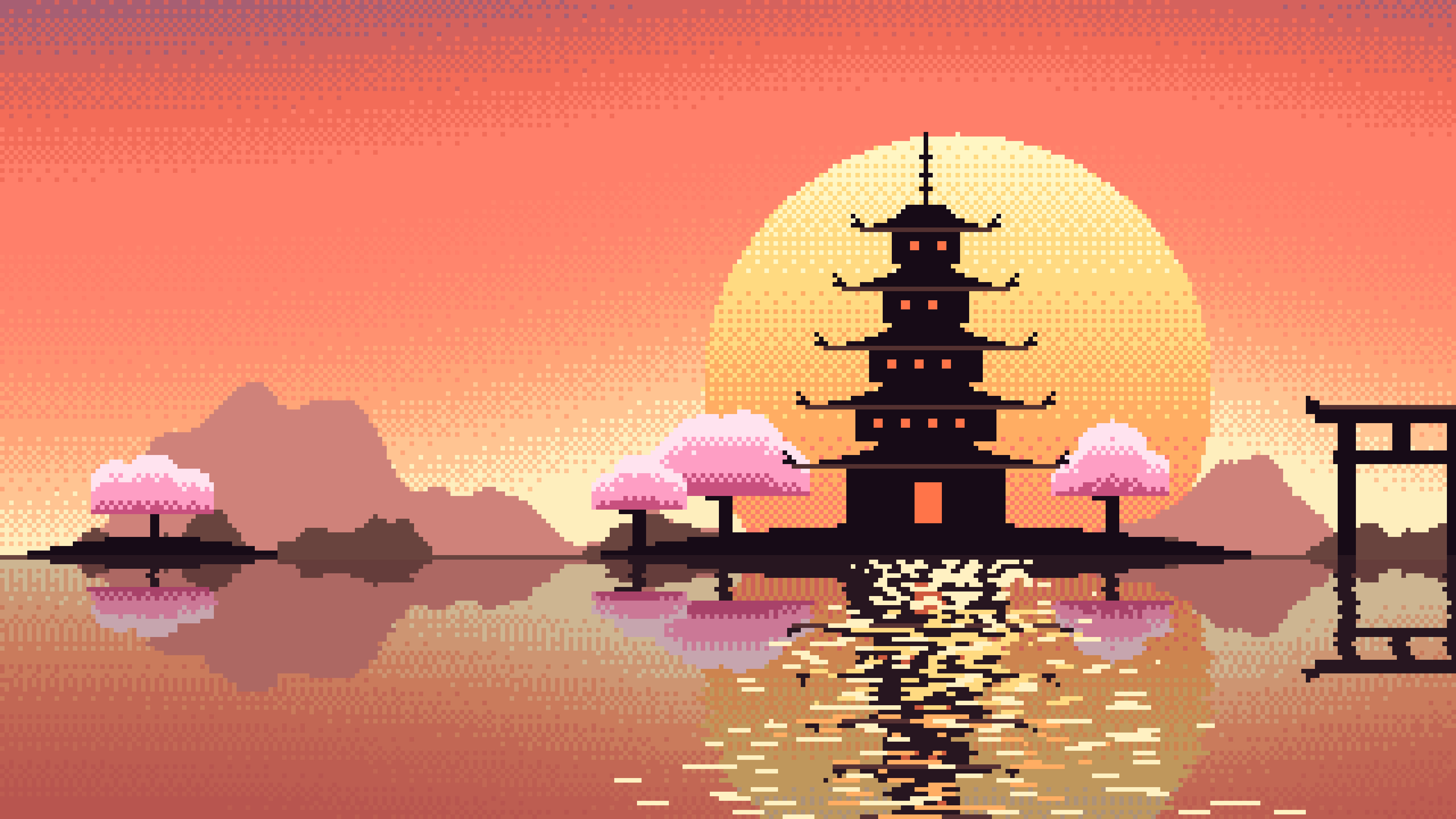 Coral Pixel Art Japanese Temple desktop wallpaper in 4K