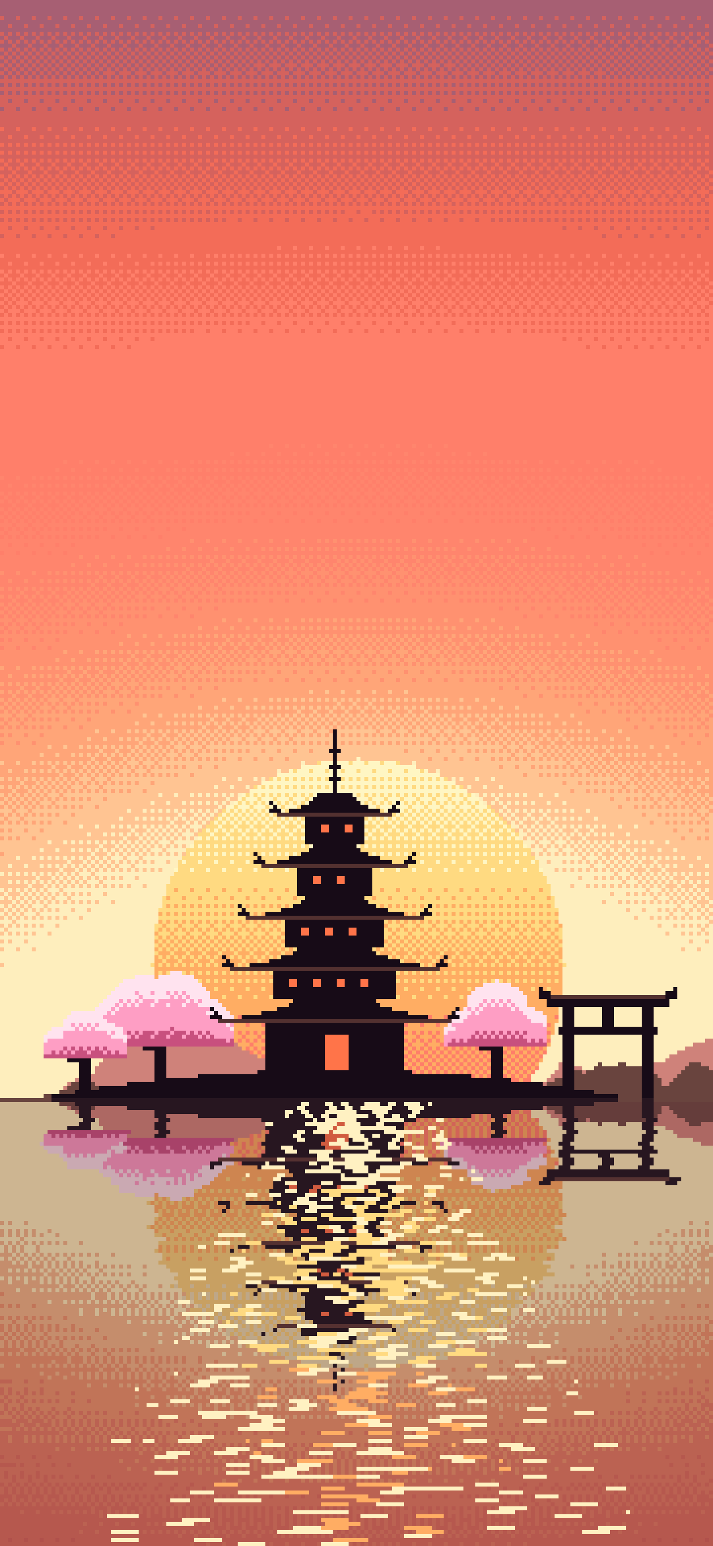 Coral Pixel Art Japanese Temple wallpaper for iPhone and Android