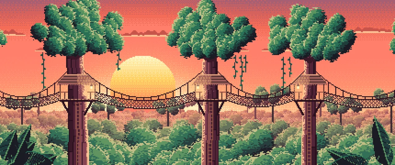 Coral Pixel Art Jungle Canopy Walkway ultrawide wallpaper, 3440 × 1440