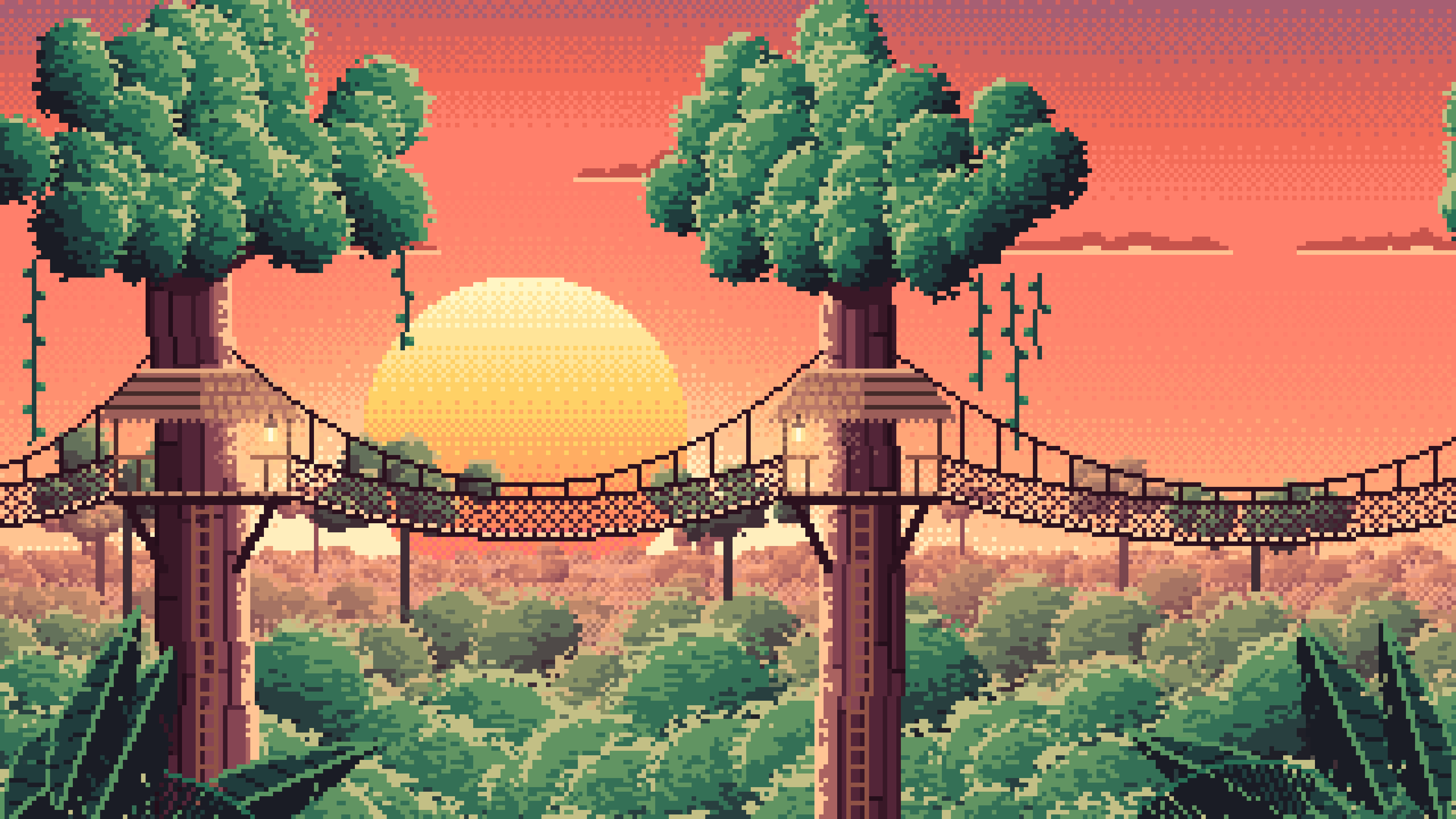 Coral Pixel Art Jungle Canopy Walkway desktop wallpaper in 4K