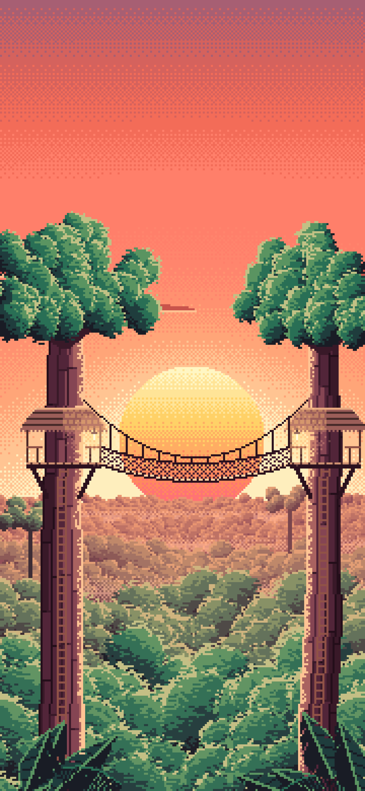 Coral Pixel Art Jungle Canopy Walkway wallpaper for iPhone and Android