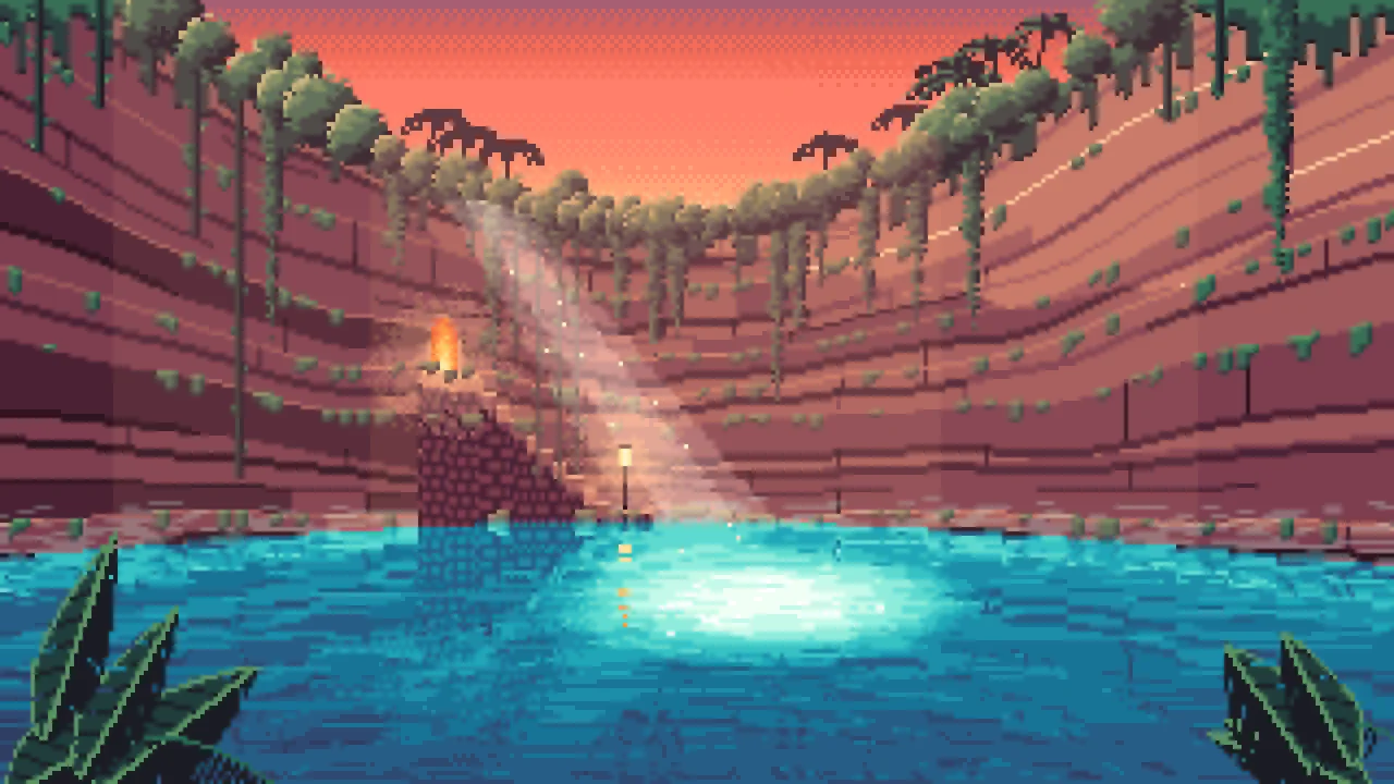 Coral Pixel Art Jungle Cenote desktop wallpaper in 4K