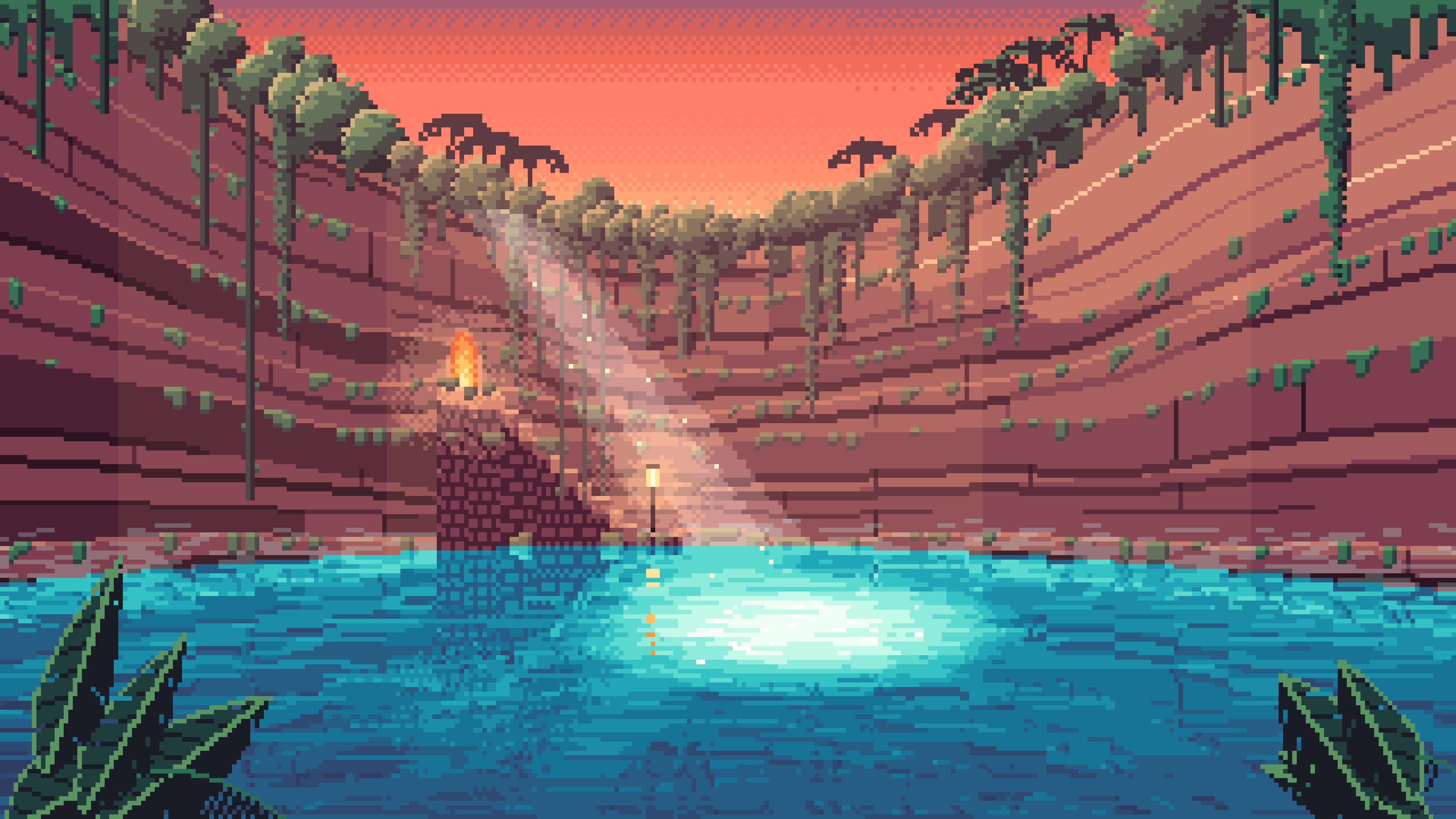 Coral Pixel Art Jungle Cenote desktop wallpaper in 4K