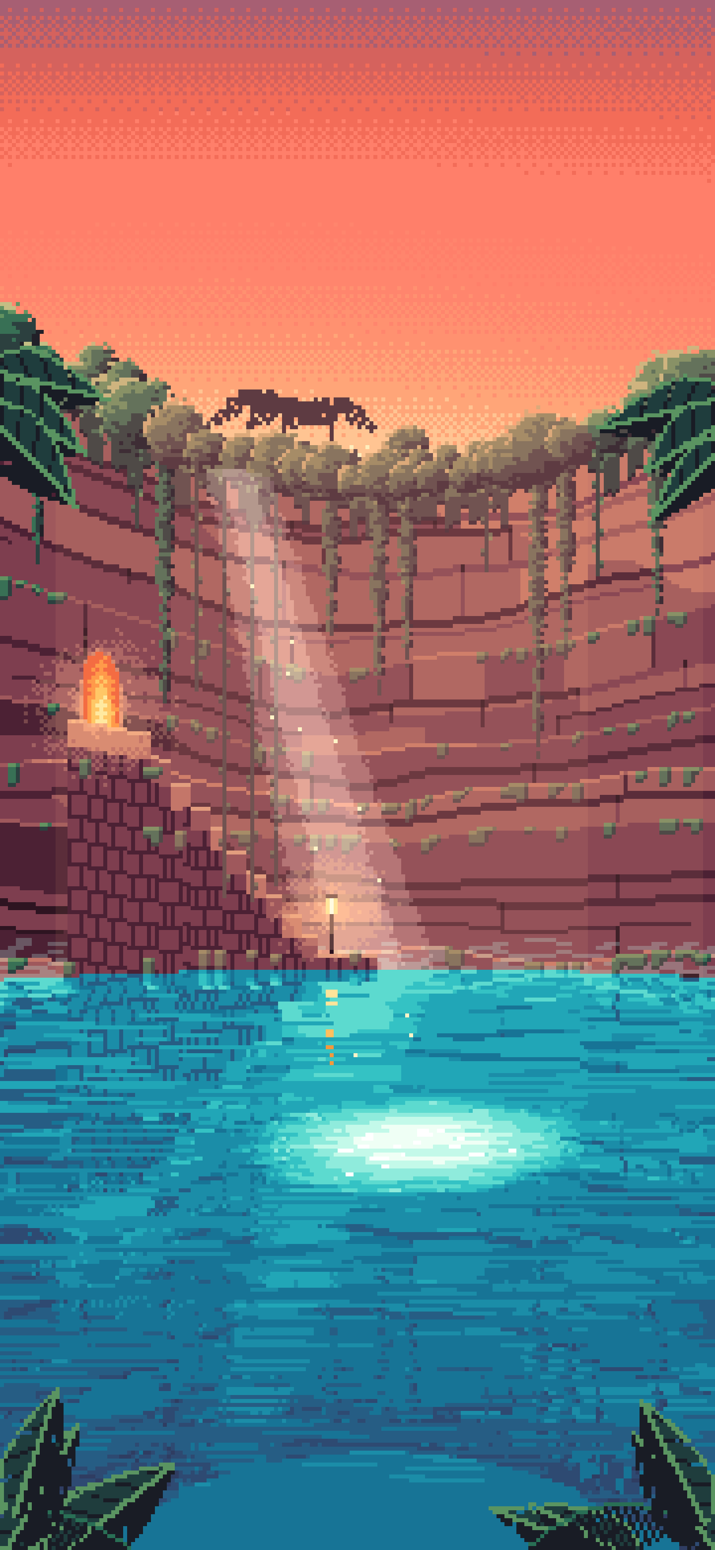 Coral Pixel Art Jungle Cenote wallpaper for iPhone and Android