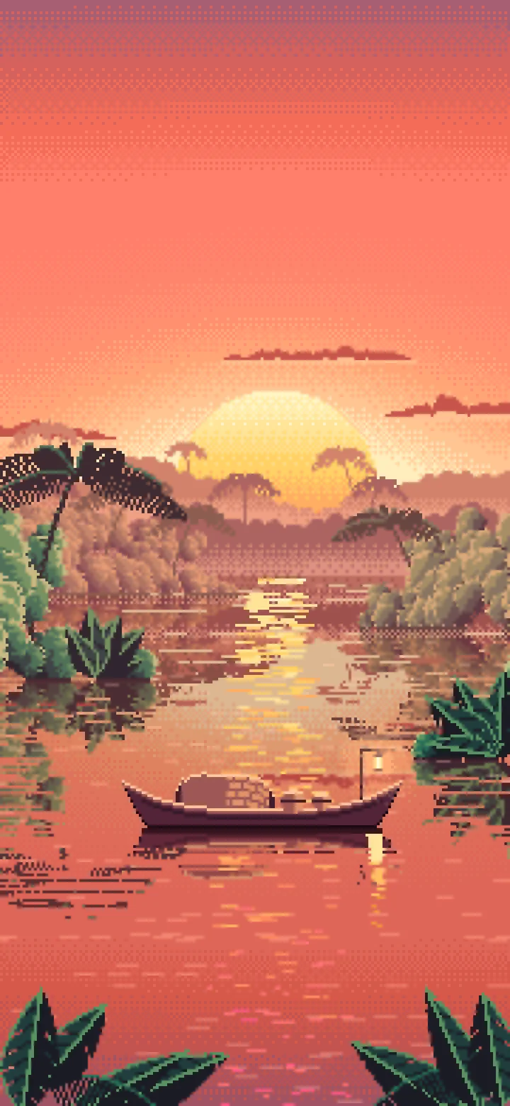 Coral Pixel Art Jungle River and Lantern Boat wallpaper for iPhone and Android