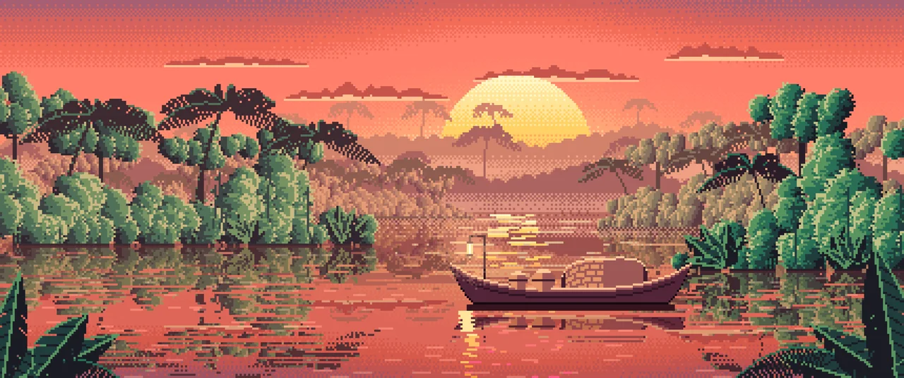 Coral Pixel Art Jungle River and Lantern Boat ultrawide wallpaper, 3440 × 1440