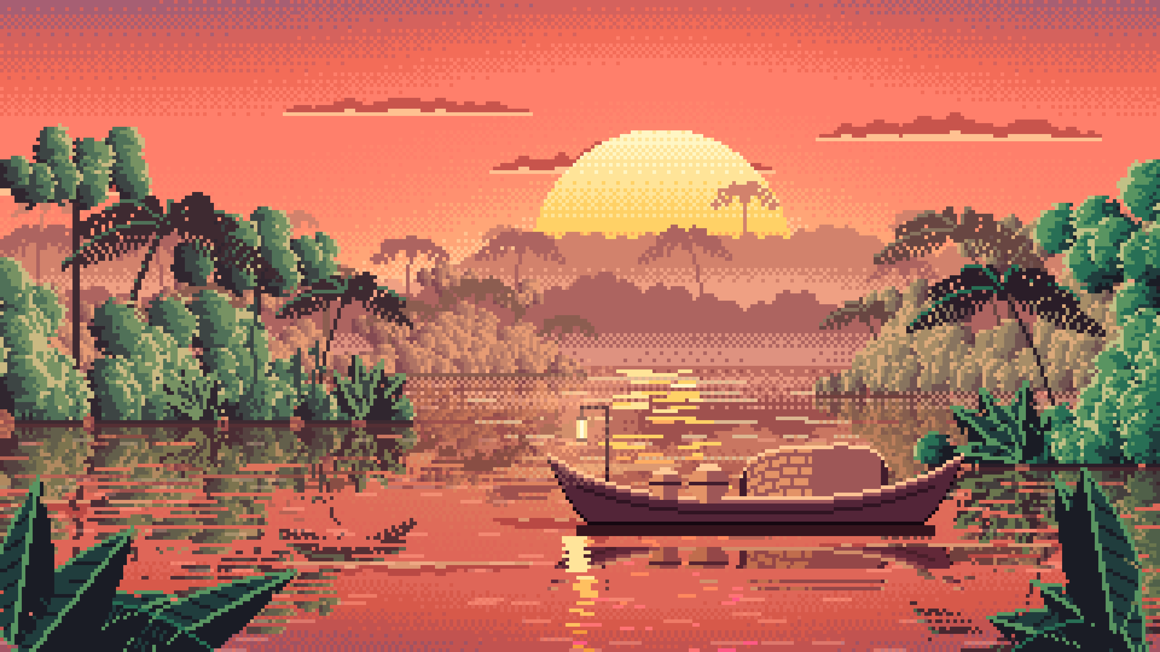 Coral Pixel Art Jungle River and Lantern Boat desktop wallpaper in 4K