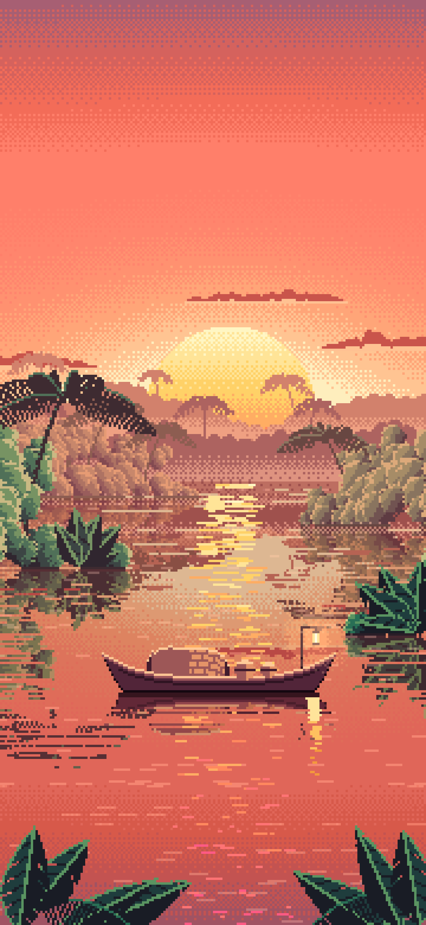 Coral Pixel Art Jungle River and Lantern Boat wallpaper for iPhone and Android
