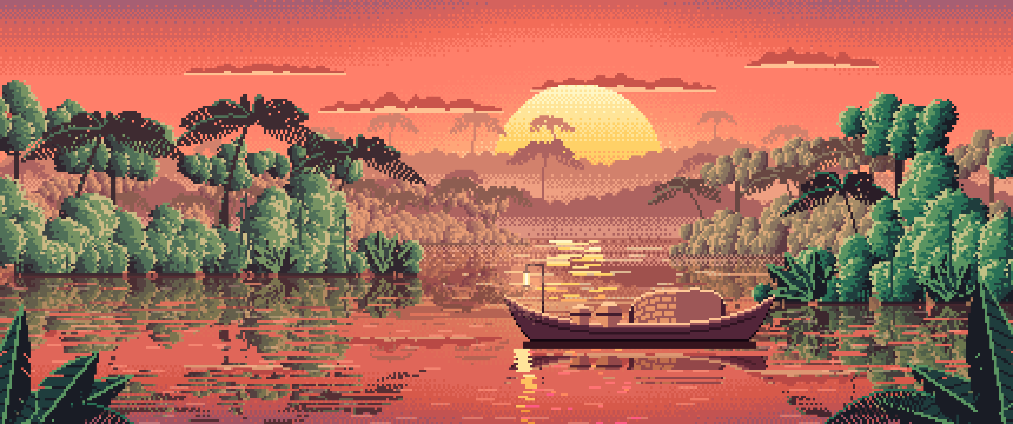 Coral Pixel Art Jungle River and Lantern Boat ultrawide wallpaper, 3440 × 1440