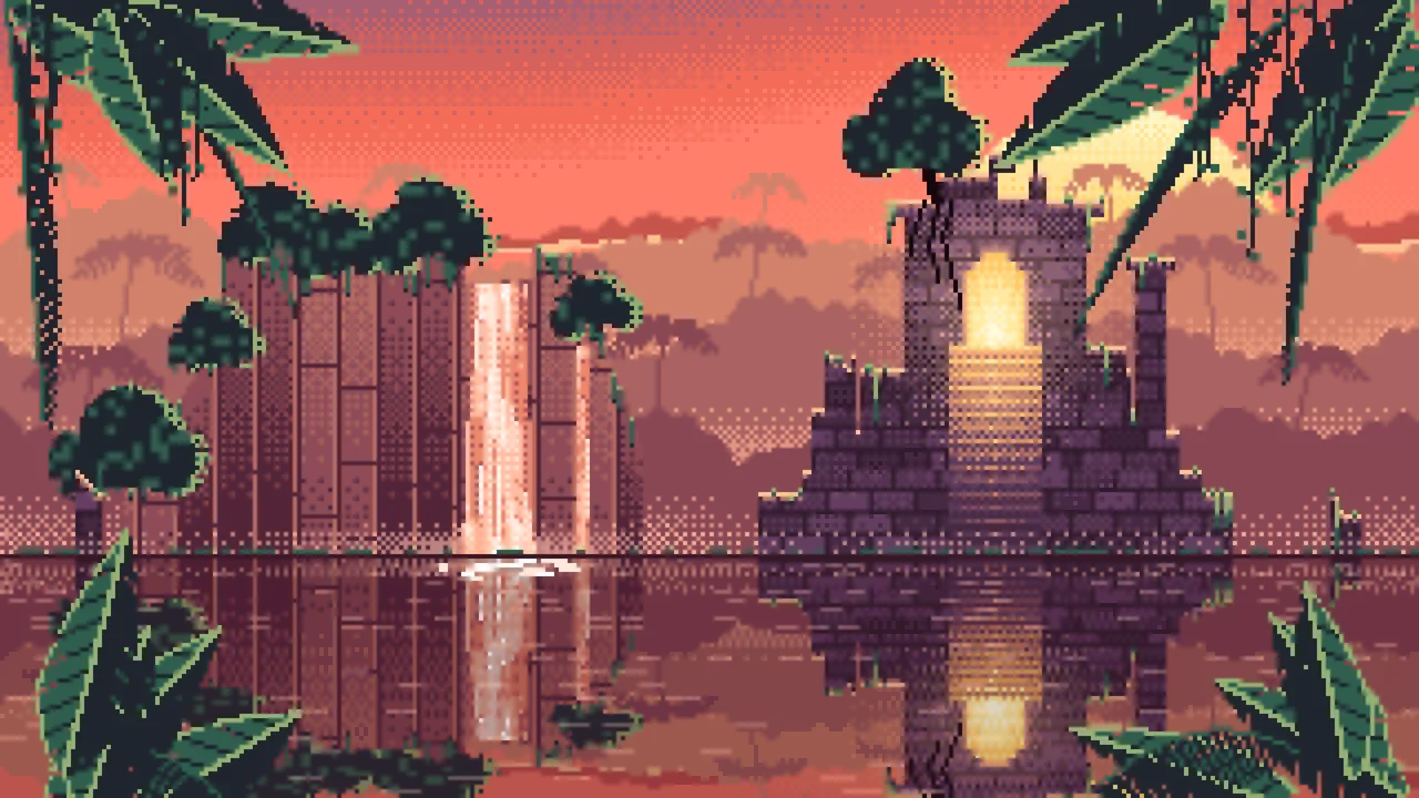 Coral Pixel Art Jungle Temple Ruins desktop wallpaper in 4K