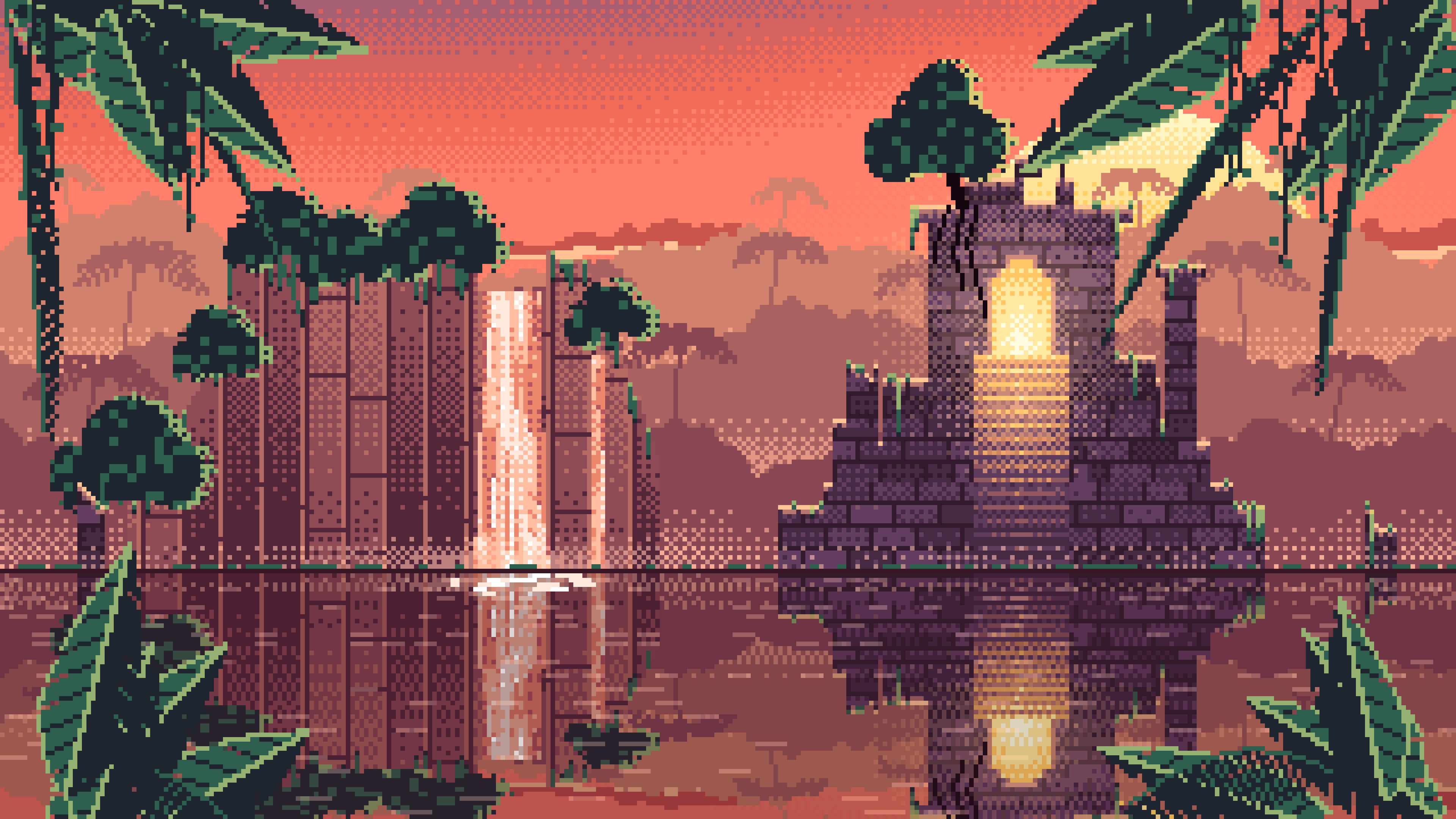 Coral Pixel Art Jungle Temple Ruins desktop wallpaper in 4K