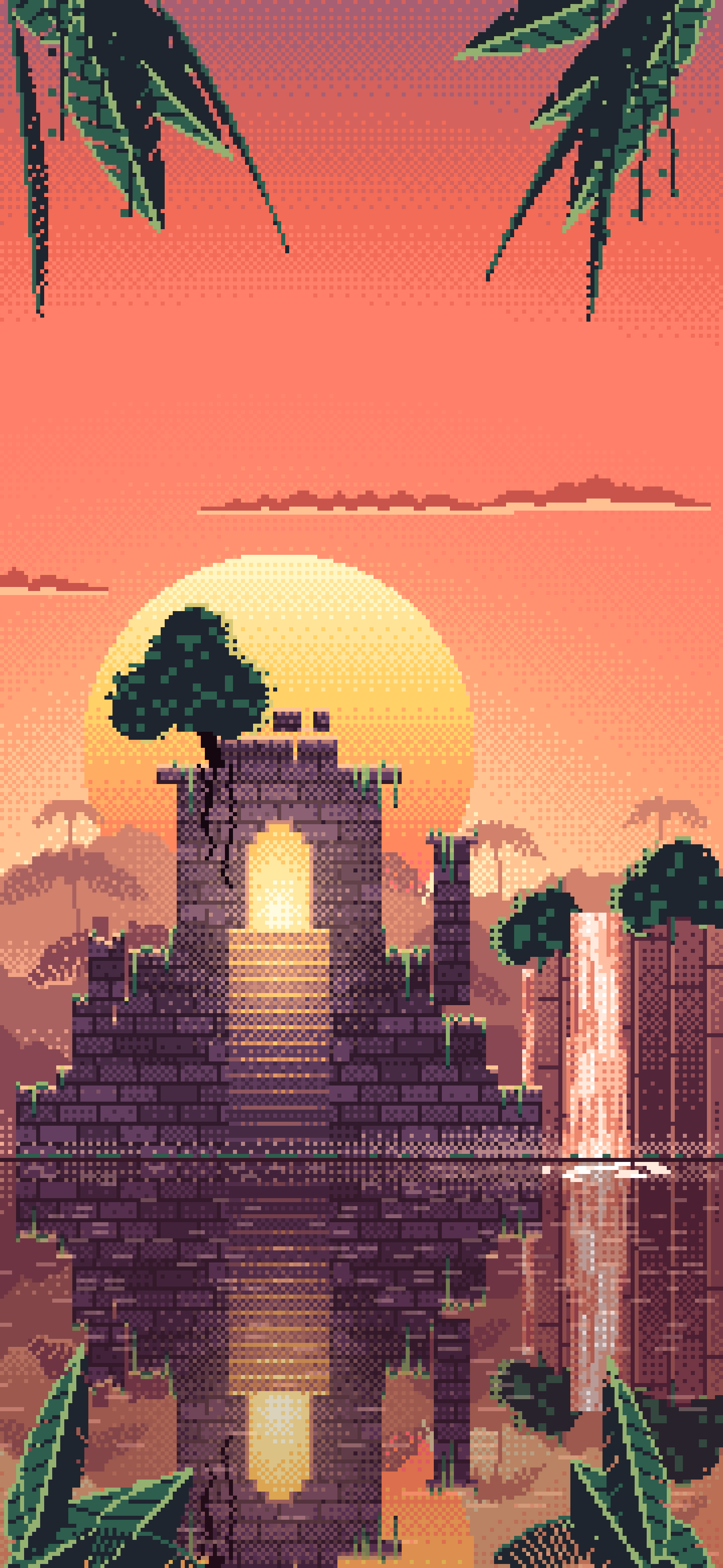Coral Pixel Art Jungle Temple Ruins wallpaper for iPhone and Android