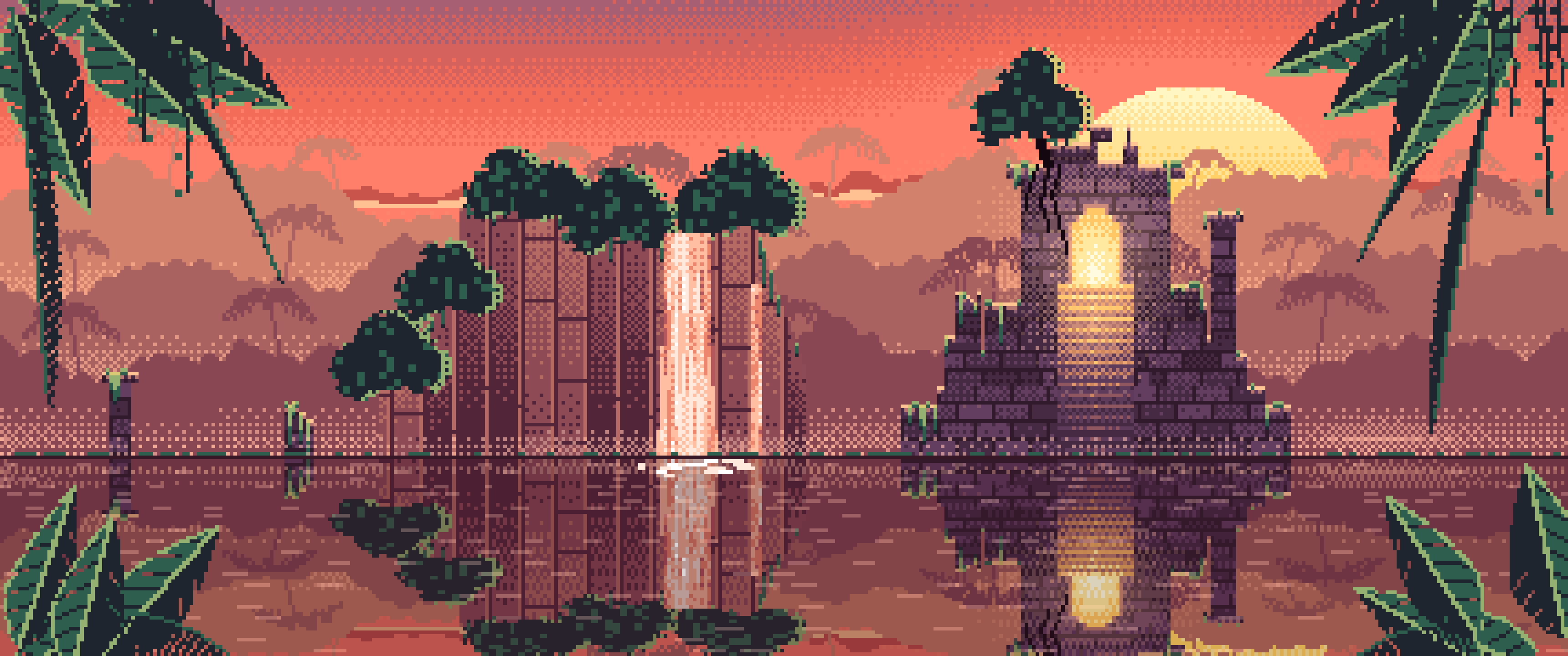 Coral Pixel Art Jungle Temple Ruins ultrawide wallpaper, 3440 × 1440