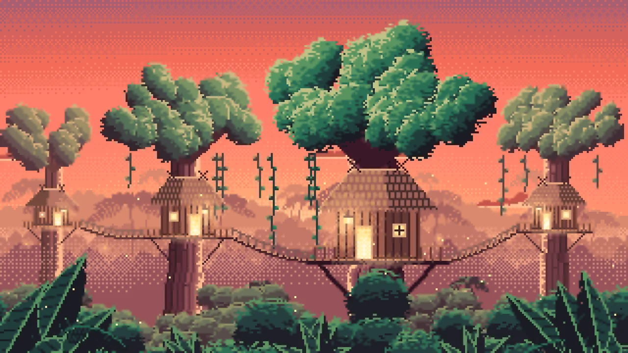 Coral Pixel Art Jungle Treehouses by Lantern Light desktop wallpaper in 4K