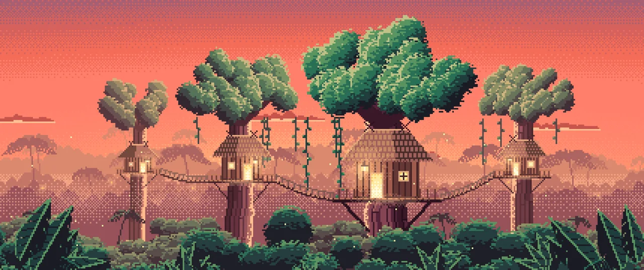 Coral Pixel Art Jungle Treehouses by Lantern Light ultrawide wallpaper, 3440 × 1440