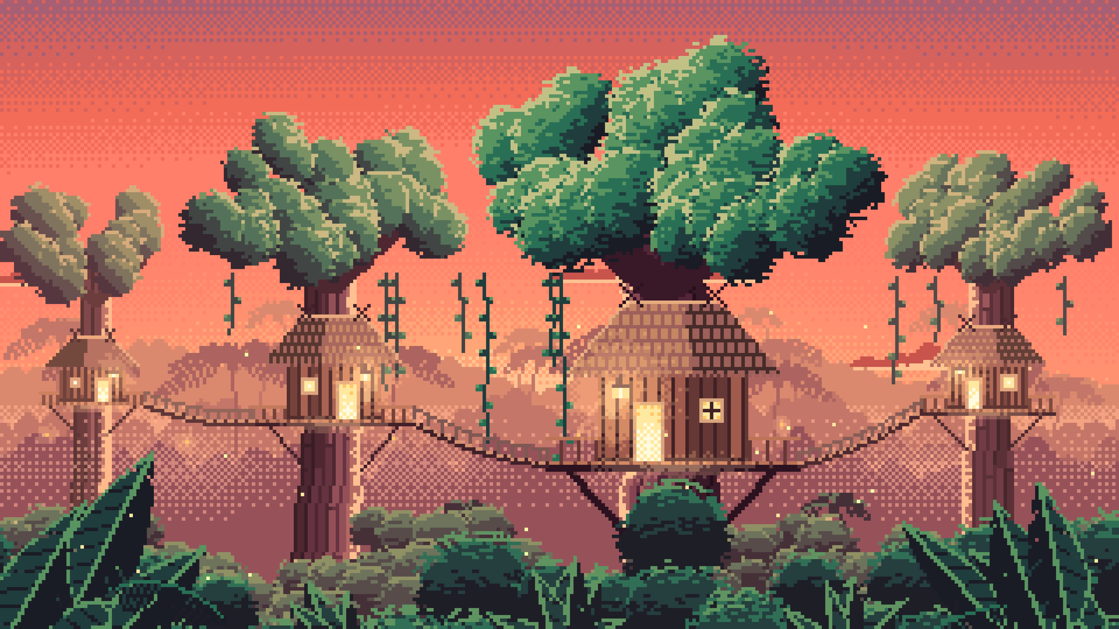Coral Pixel Art Jungle Treehouses by Lantern Light desktop wallpaper in 4K