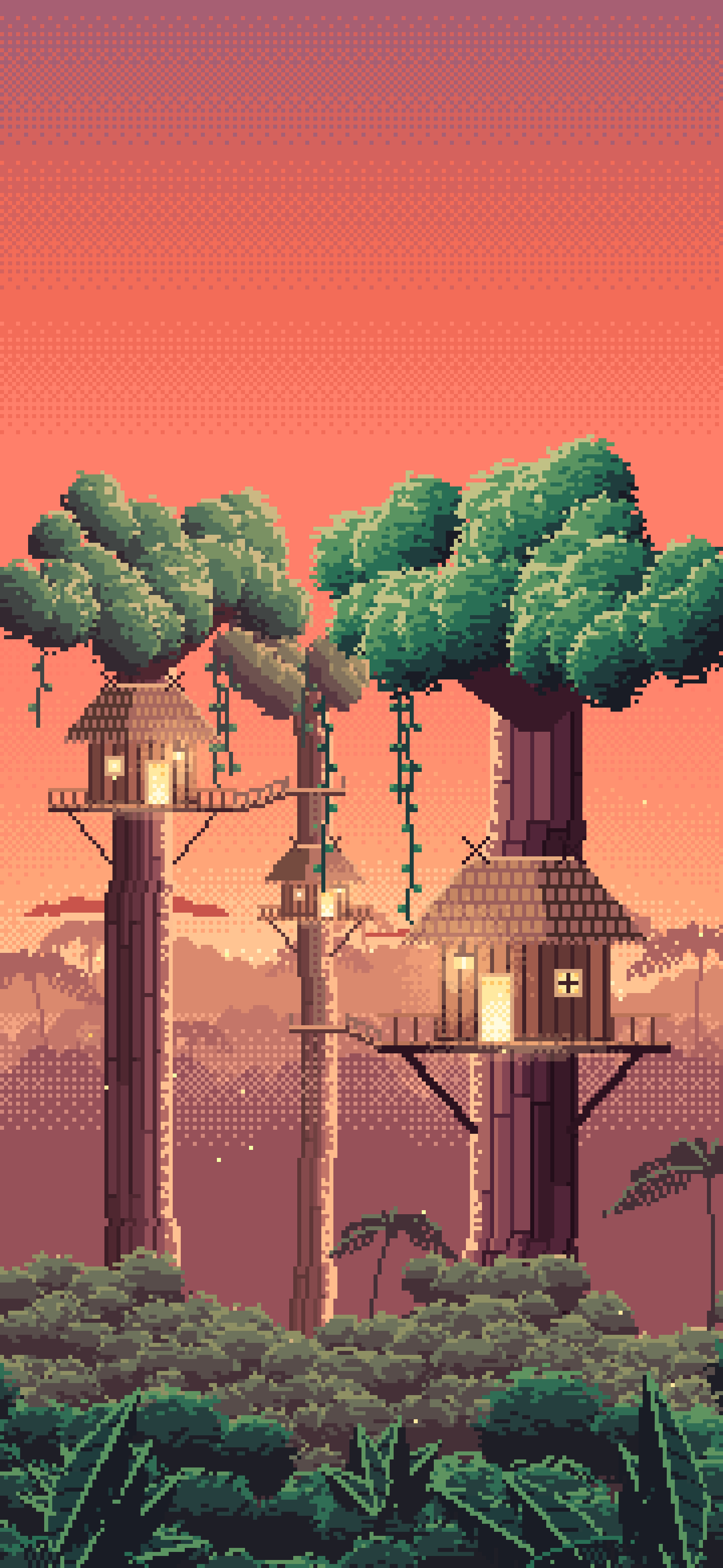 Coral Pixel Art Jungle Treehouses by Lantern Light wallpaper for iPhone and Android