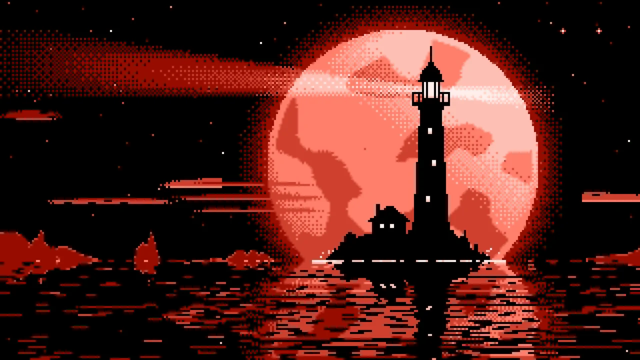 Coral Pixel Art Lighthouse and Full Moon desktop wallpaper in 4K