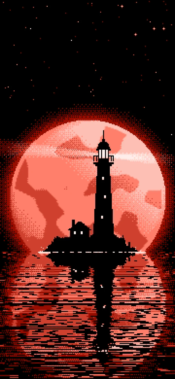 Coral Pixel Art Lighthouse and Full Moon wallpaper for iPhone and Android