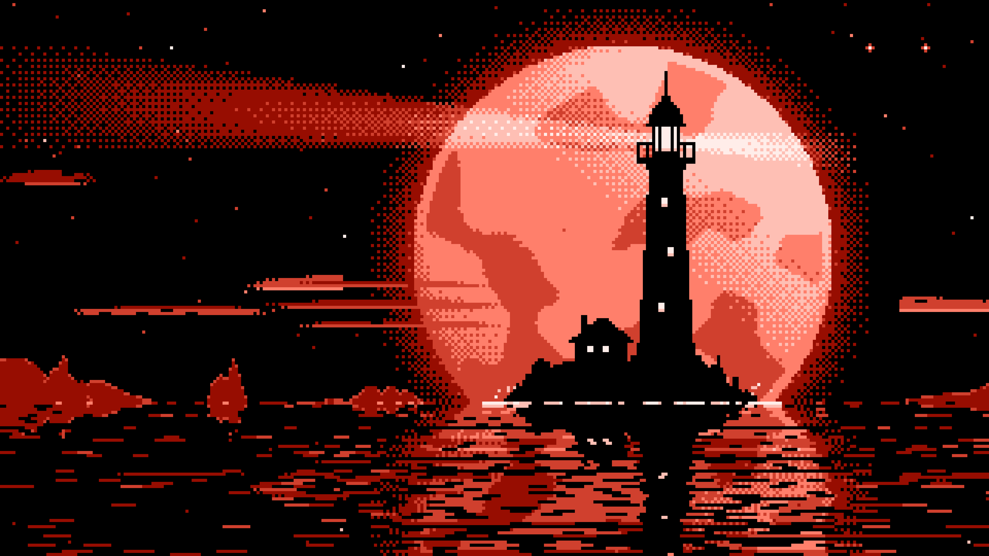 Coral Pixel Art Lighthouse and Full Moon desktop wallpaper in 4K