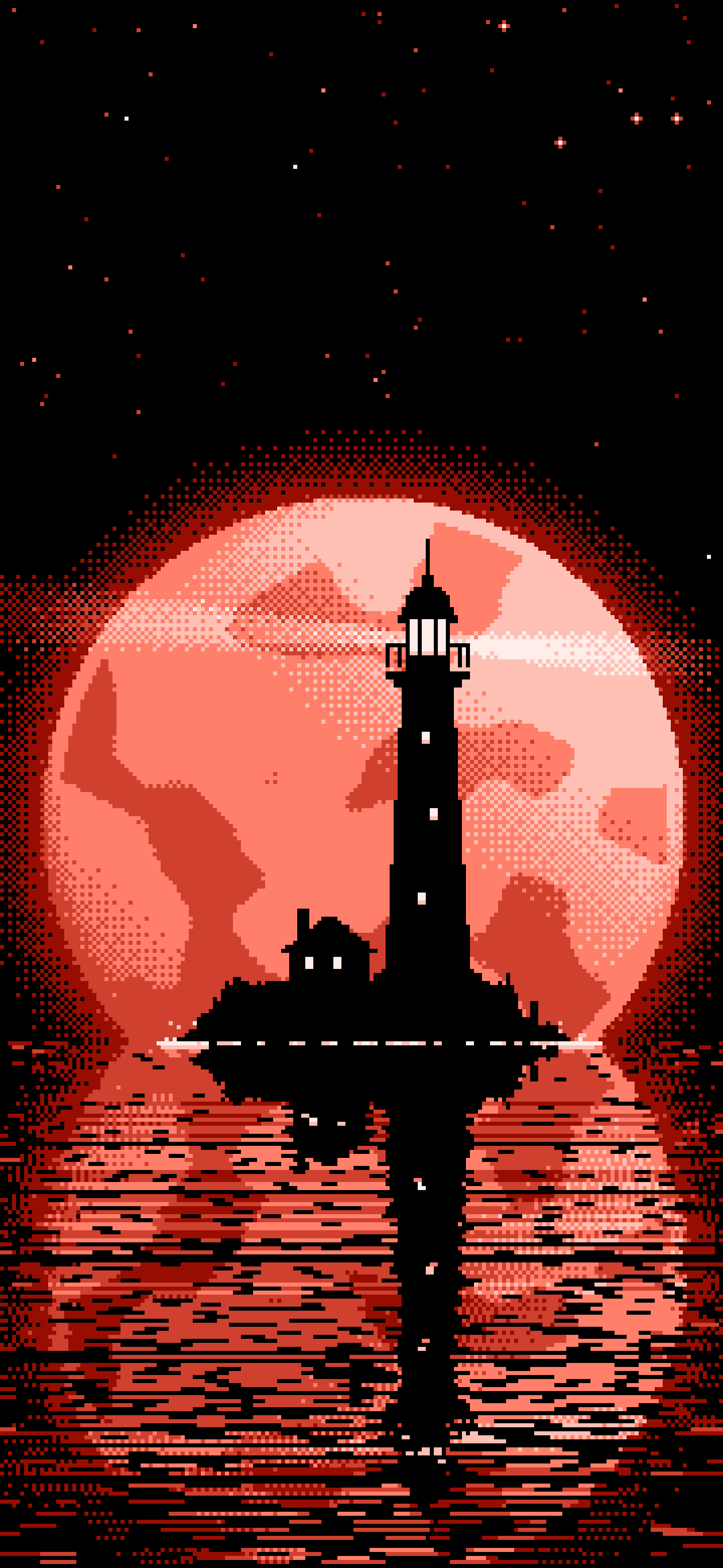 Coral Pixel Art Lighthouse and Full Moon wallpaper for iPhone and Android
