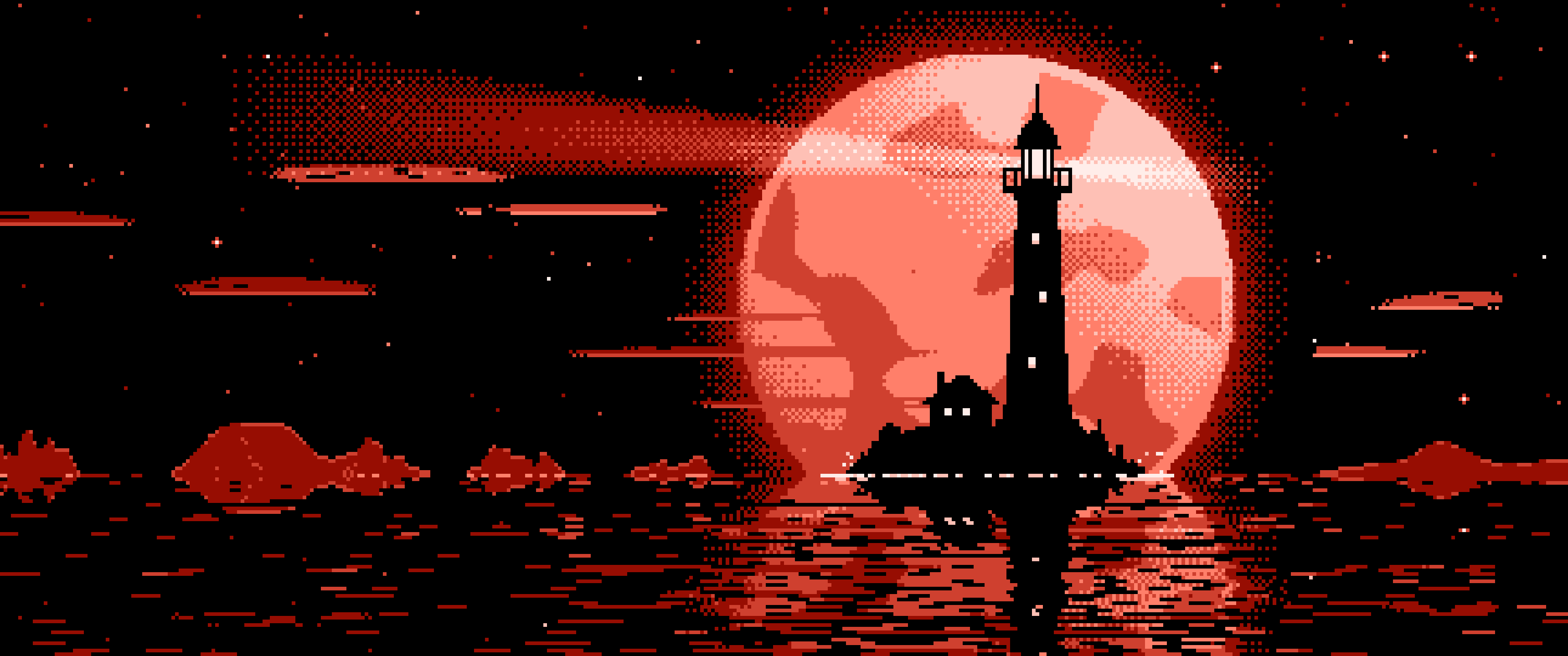Coral Pixel Art Lighthouse and Full Moon ultrawide wallpaper, 3440 × 1440