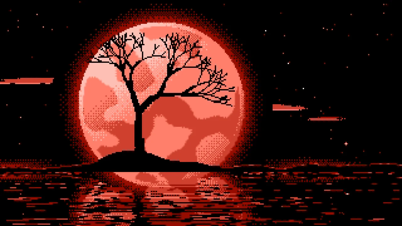 Coral Pixel Art Lone Tree and Full Moon desktop wallpaper in 4K