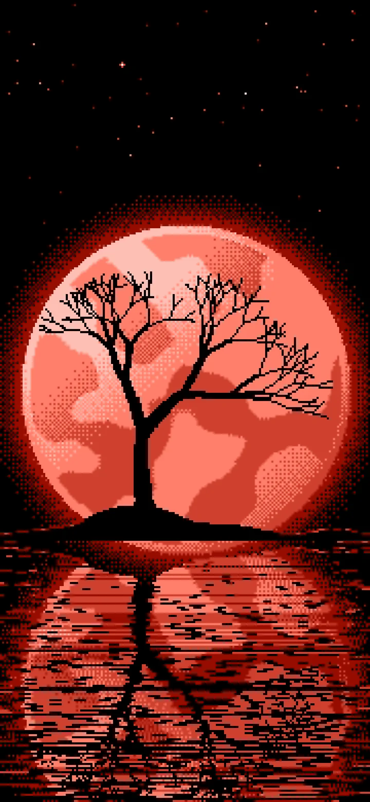 Coral Pixel Art Lone Tree and Full Moon wallpaper for iPhone and Android