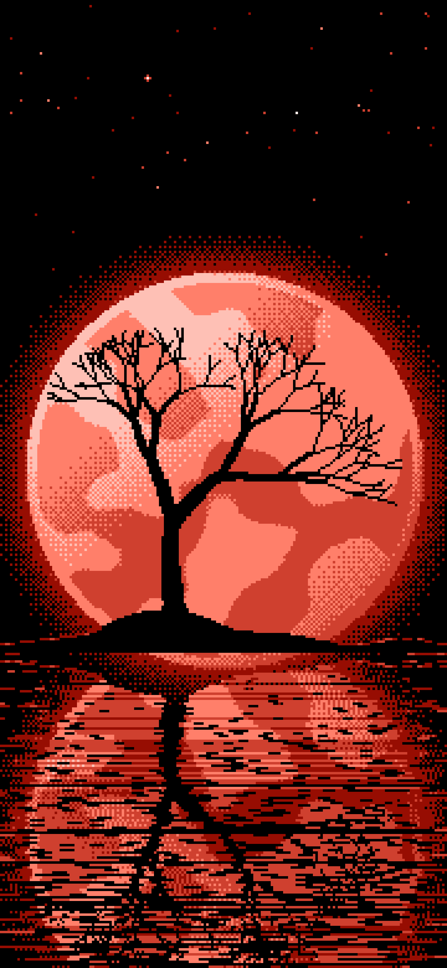 Coral Pixel Art Lone Tree and Full Moon wallpaper for iPhone and Android