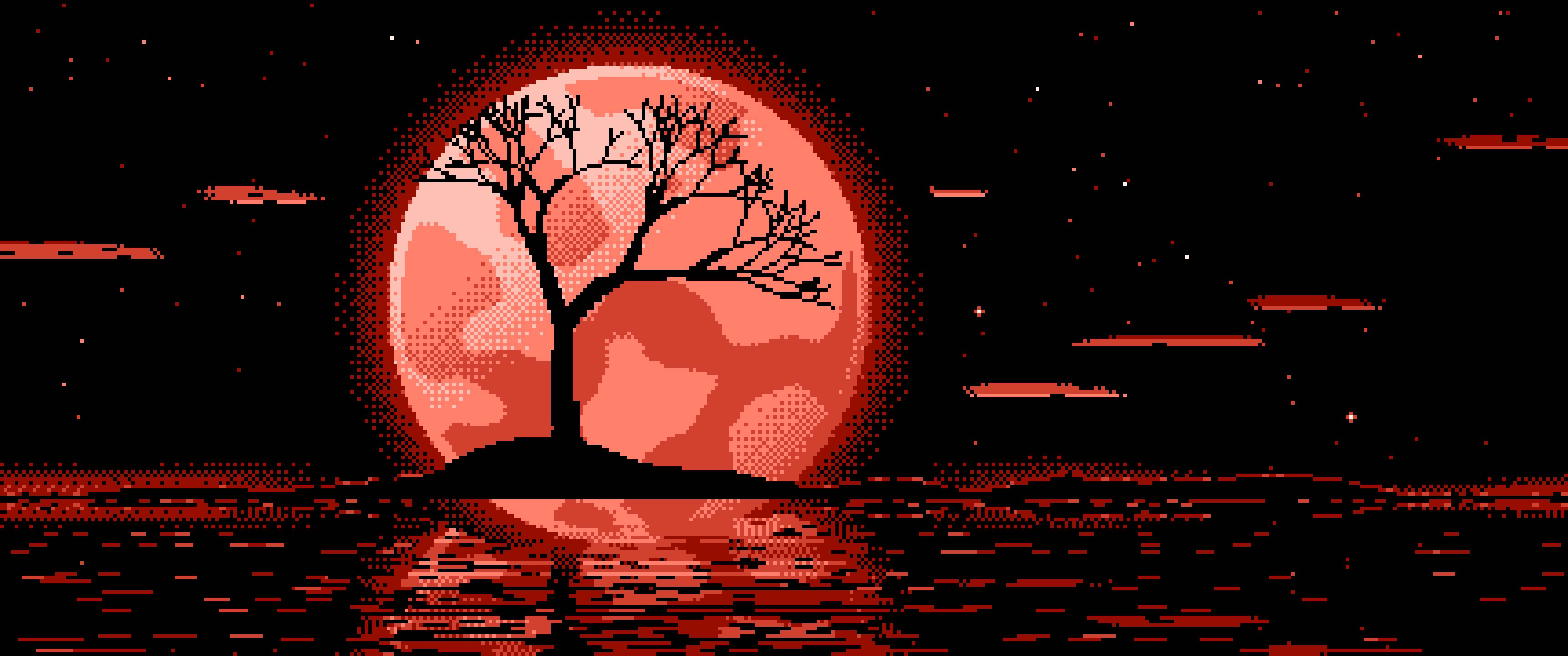 Coral Pixel Art Lone Tree and Full Moon ultrawide wallpaper, 3440 × 1440