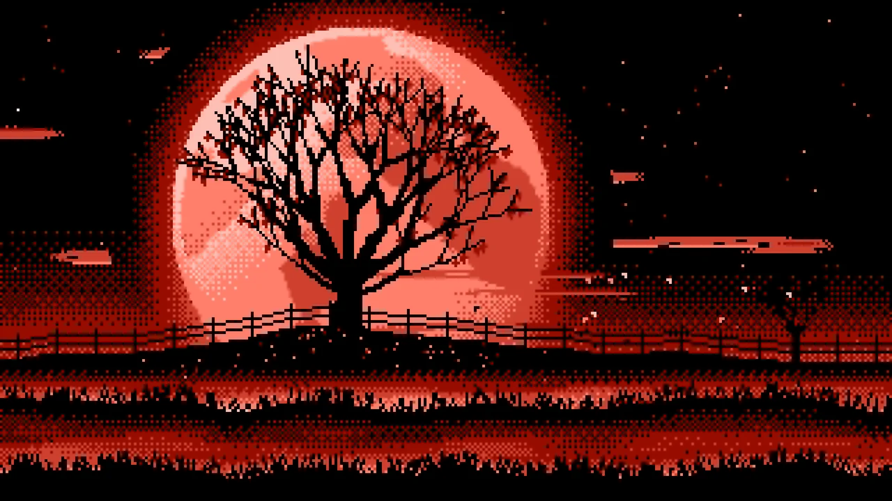 Coral Pixel Art Maple Tree and Harvest Moon desktop wallpaper in 4K